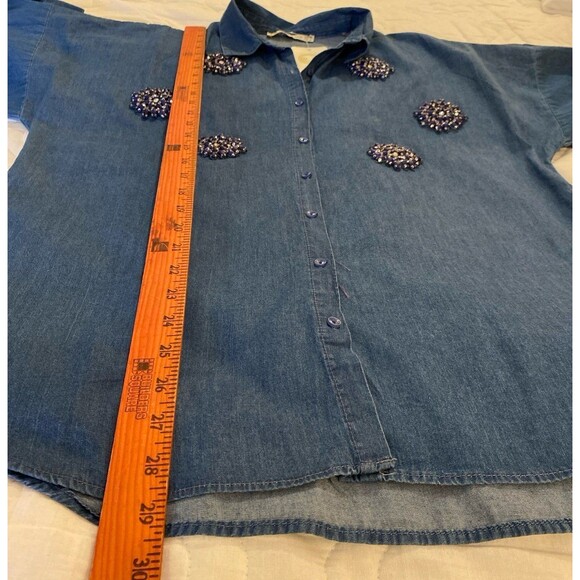 Saloon Button Down Blouse Sz Large Light Denim Cotton Studded Rhinestone Design - Picture 11 of 12